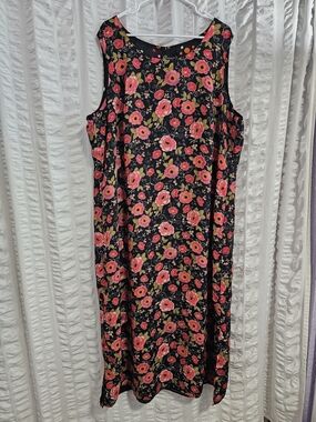 Vintage Sleeveless Boho Black Midi Shift Dress with Pink Chintz Floral Print 24W
